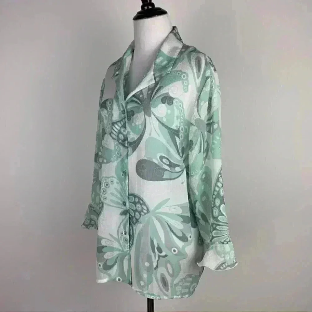 Alfred dunner top size 16 mint green white butterfly button down Y2K vintage